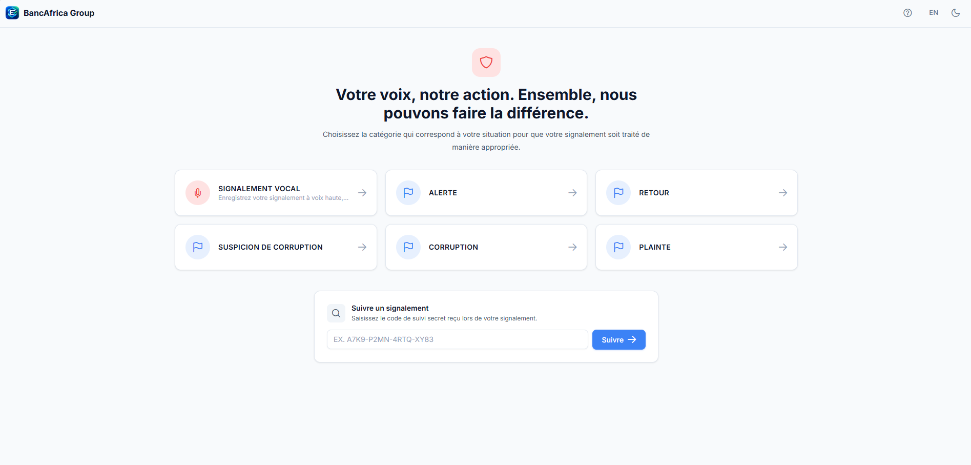 Portail public : choix de la catégorie et suivi d'un signalement par code secret