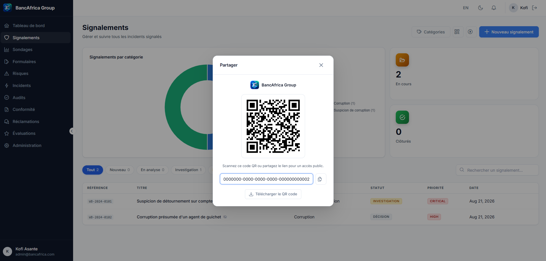 Partage du canal de signalement par QR code ou lien public